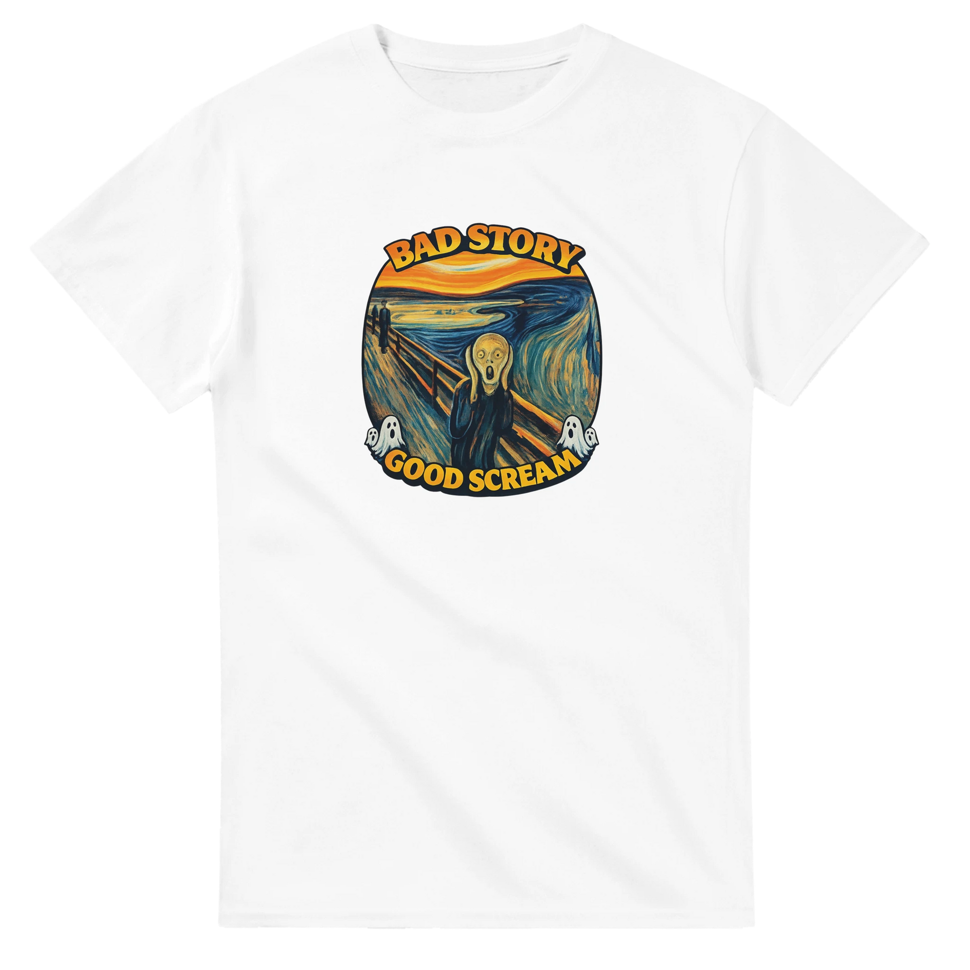 Bad Story Good Scream T‑Shirt med grafisk konst i expressionistisk stil.
