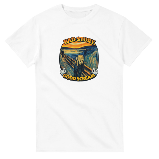 Bad Story Good Scream T‑Shirt med grafisk konst i expressionistisk stil.