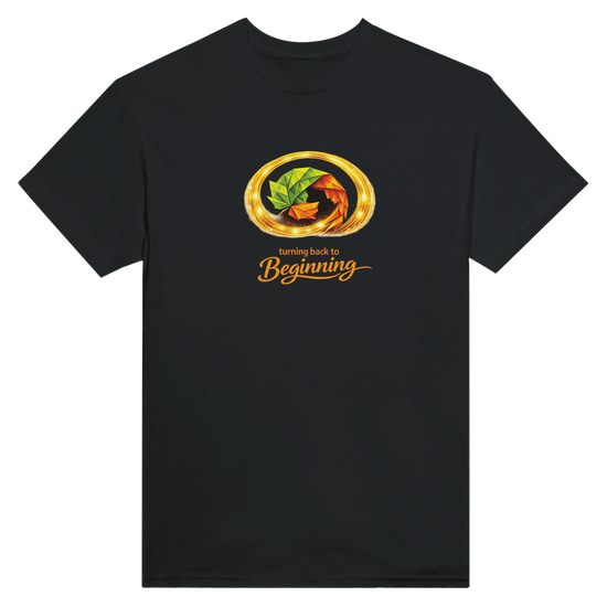 Turning Leaf T-Shirt med origami-stil och glödande ring på svart bakgrund.