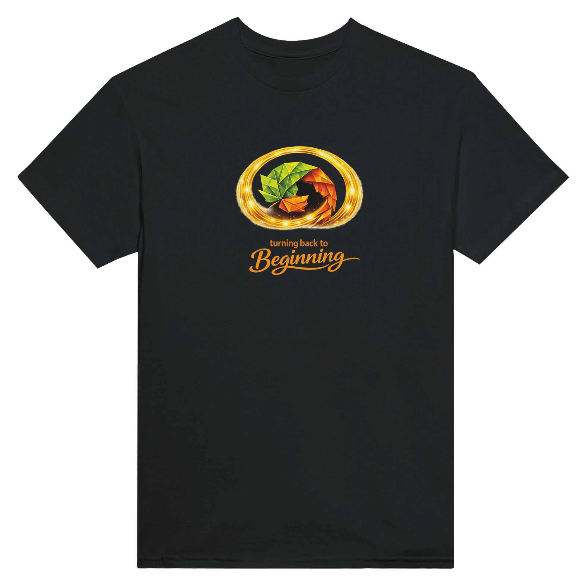 Turning Leaf T-Shirt med origami-stil och glödande ring på svart bakgrund.