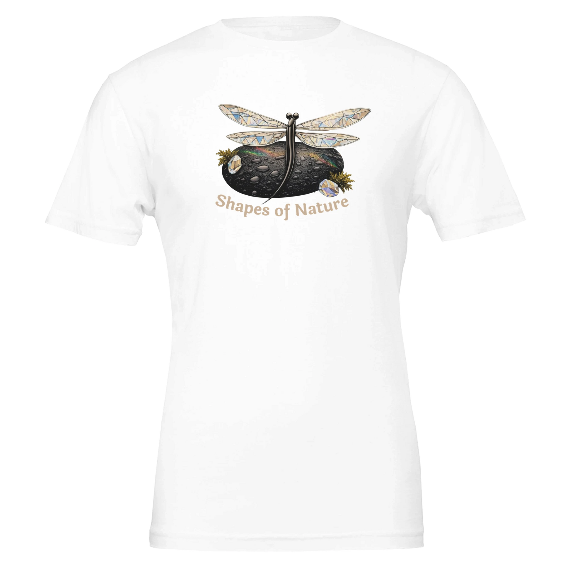 Shapes of Nature – Trollslända design på en vit premiumt-shirt med naturinspirerad elegans.