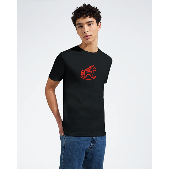 Dalarna Red Rocking Horse T‑Shirt featuring minimalist red rocking horse print on a black unisex shirt.