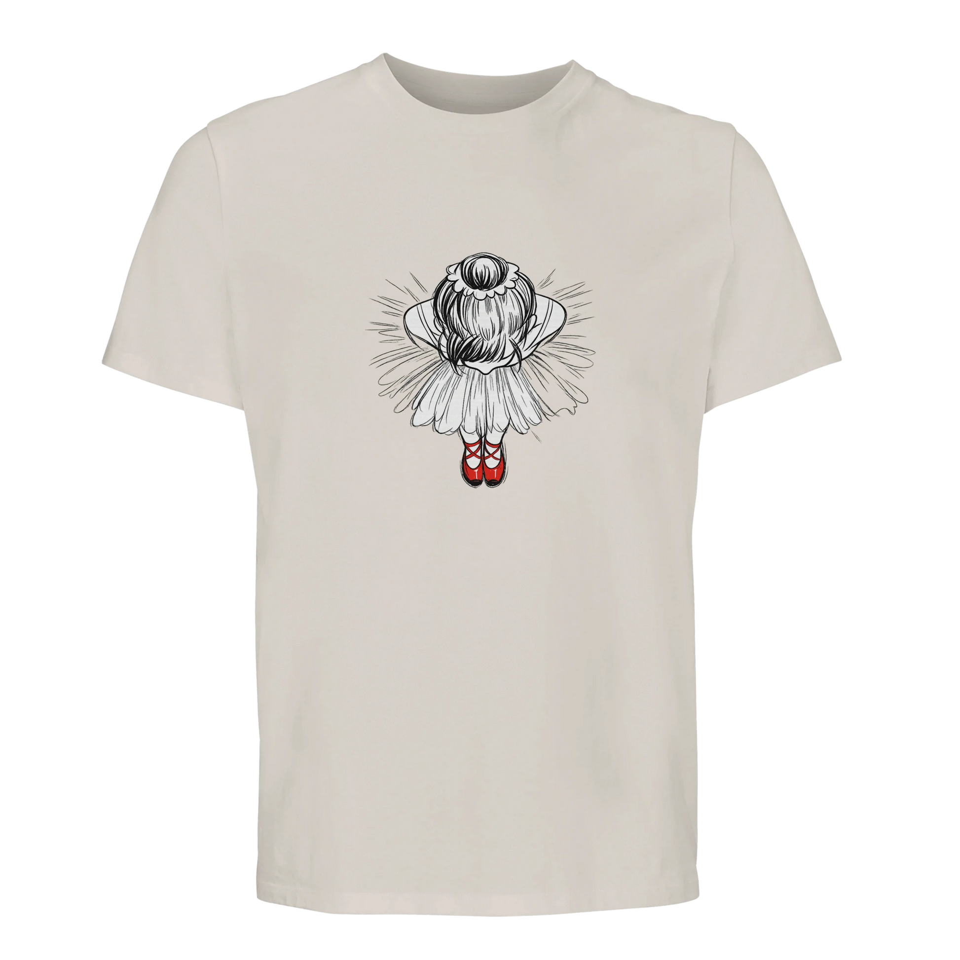 Röda dansskor t‑shirt med illustration av ballerina i röda dansskor och tutu, ekologisk design.