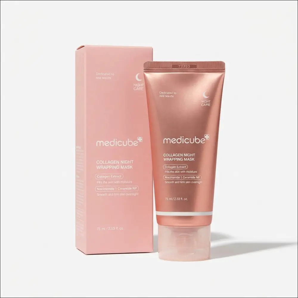 Medicube Collagen Night Wrapping Mask tube and box, designed for hydration and glowing skin overnight.