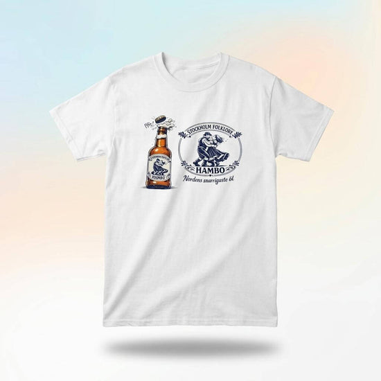 Nordic Folk Art Hambo Folköl humor tee med illustration av ölflaska och dansande figur.