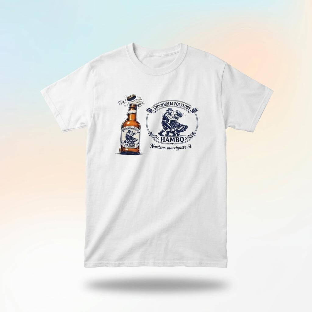 Nordic Folk Art Hambo Folköl humor tee med illustration av ölflaska och dansande figur.