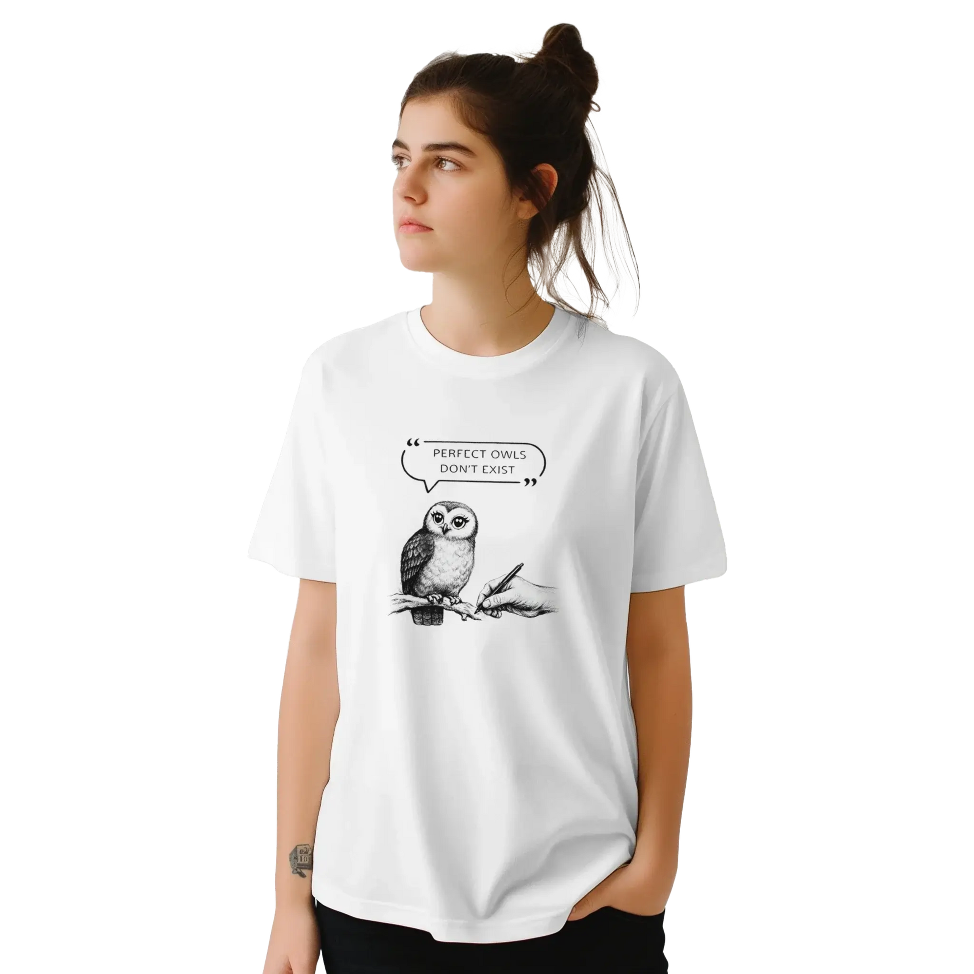Owl t-shirt featuring a hand-drawn owl design with the quote "Perfect owls don't exist" in humorous style.