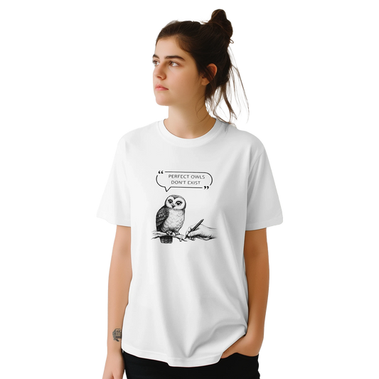 Owl t-shirt featuring a hand-drawn owl design with the quote "Perfect owls don't exist" in humorous style.