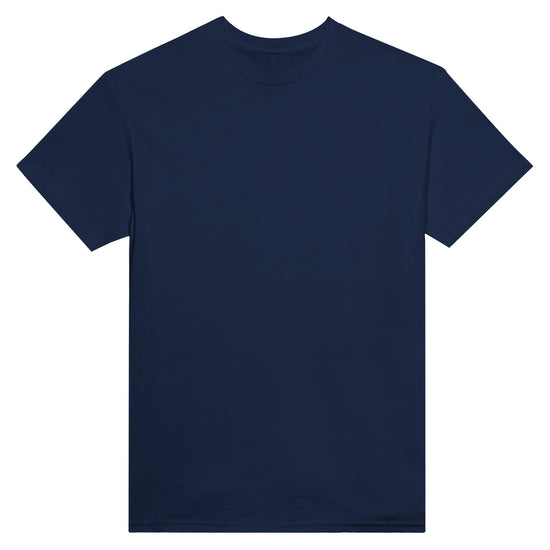Marinblå evolution t-shirt med grafik av livets tre skeden och gammal gubbe.