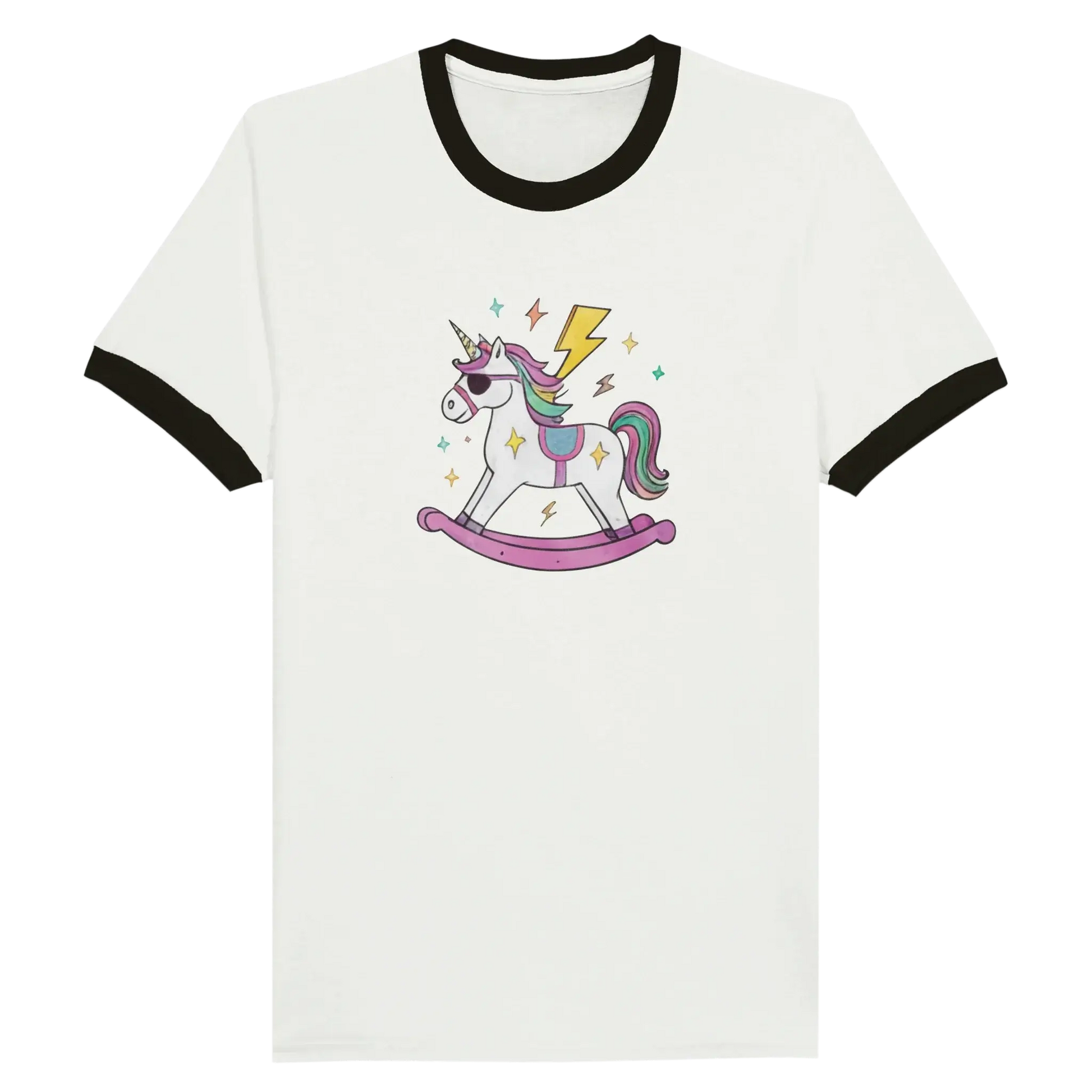 Unicorn Ringer T‑Shirt med grafiskt motiv av gunghäst och blixt på vit bakgrund.