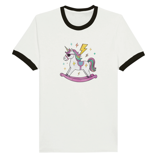 Unicorn Ringer T‑Shirt med grafiskt motiv av gunghäst och blixt på vit bakgrund.