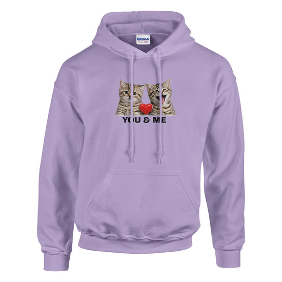 Mjuk Hoodie med Katter och Du Jag Text, lila hoodie med kattansikten och texten 'You & Me'