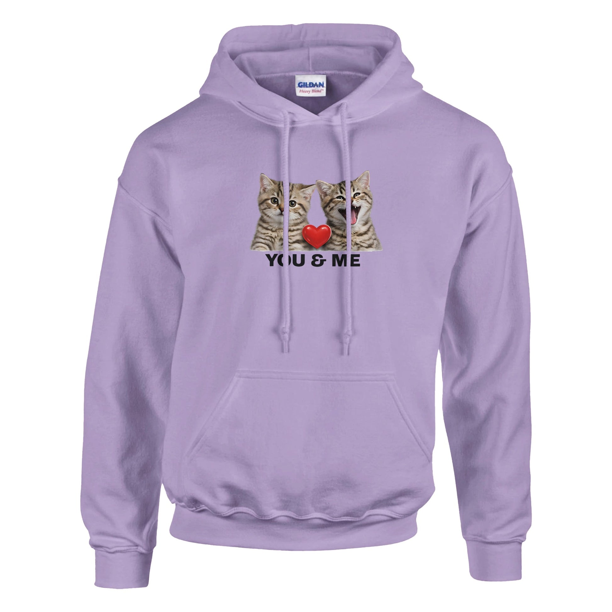 Mjuk Hoodie med Katter och Du Jag Text, lila hoodie med kattansikten och texten 'You & Me'
