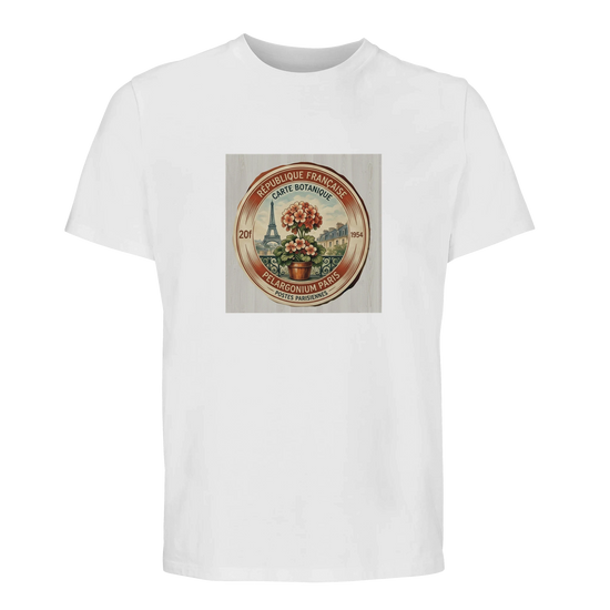 Vintage Paris Floral Sigil på en organisk unisex t-shirt med botaniskt motiv och pelargonium.