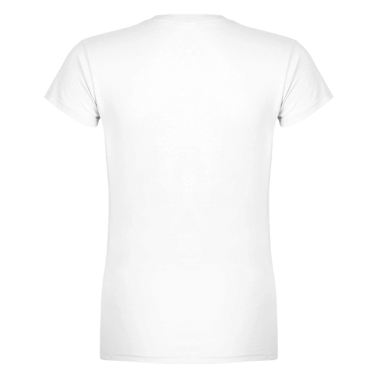 Baksidan av en vit Fitness Tee för kvinnor, perfekt för träning och ett aktivt liv.