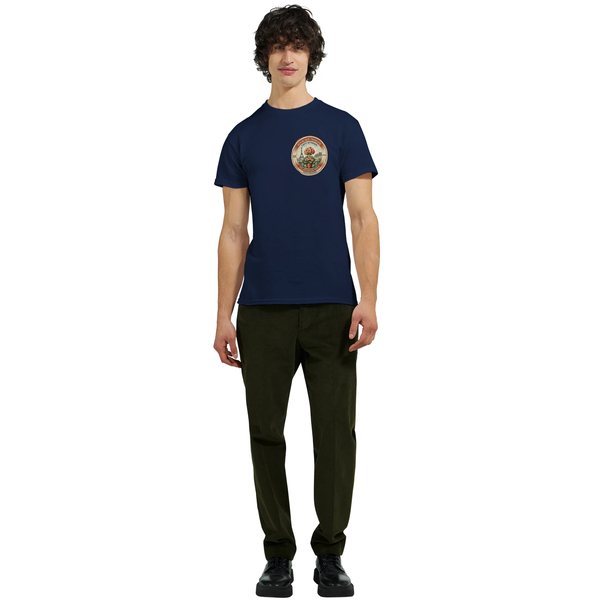 Man wearing Paris 50s T-Shirt, vintage floral cotton tee, showcasing classic style and 50s Paris aesthetic.