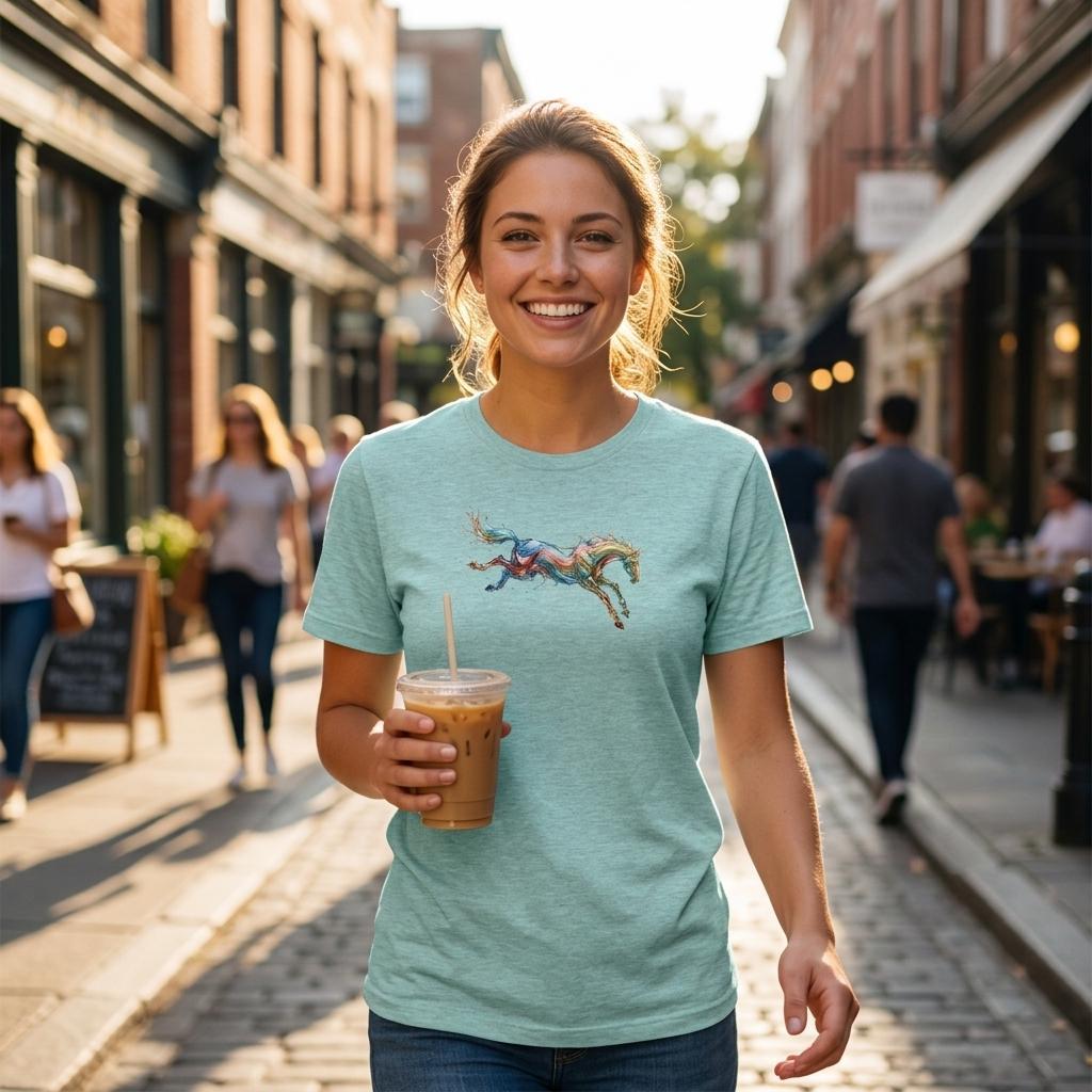 Färgglad Flödande Häst T-Shirt – Premium Artistic Unisex Tee, kvinna med smoothies på gatan, soligt väder.