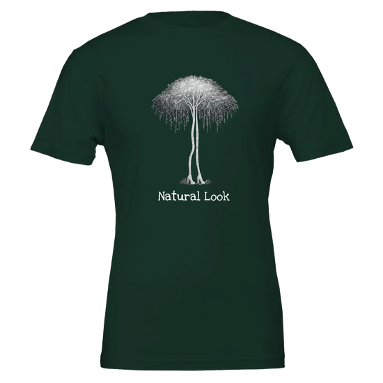 Birch Trees i klackskor på t-shirt med texten Natural Look, surrealistisk konstmotiv.