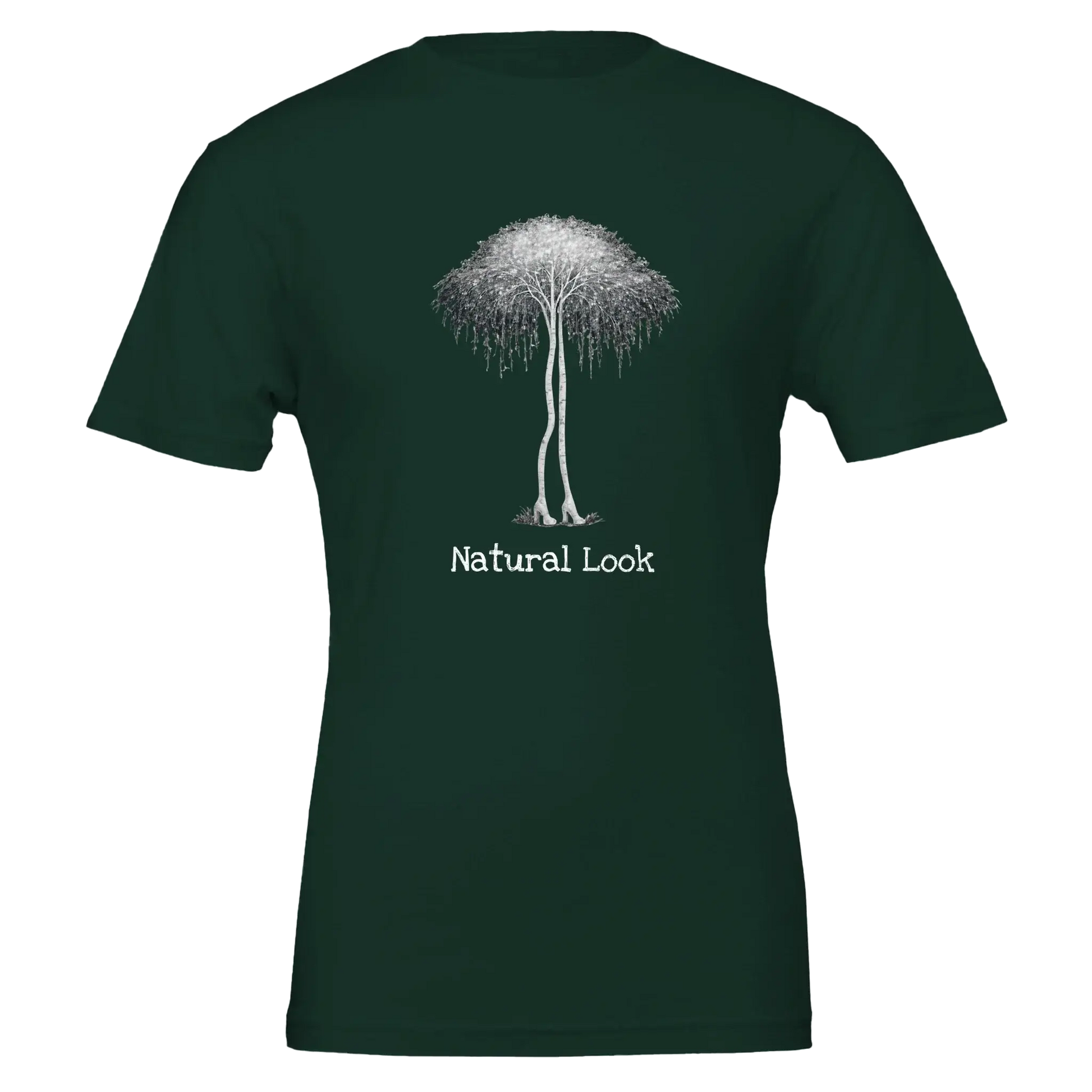 Birch Trees i klackskor på t-shirt med texten Natural Look, surrealistisk konstmotiv.