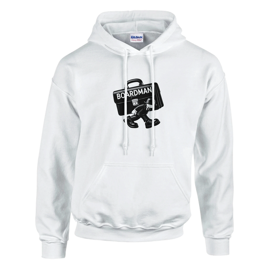 Boardman heavyweight hoodie in white with a graphic design featuring a briefcase and cartoon character.