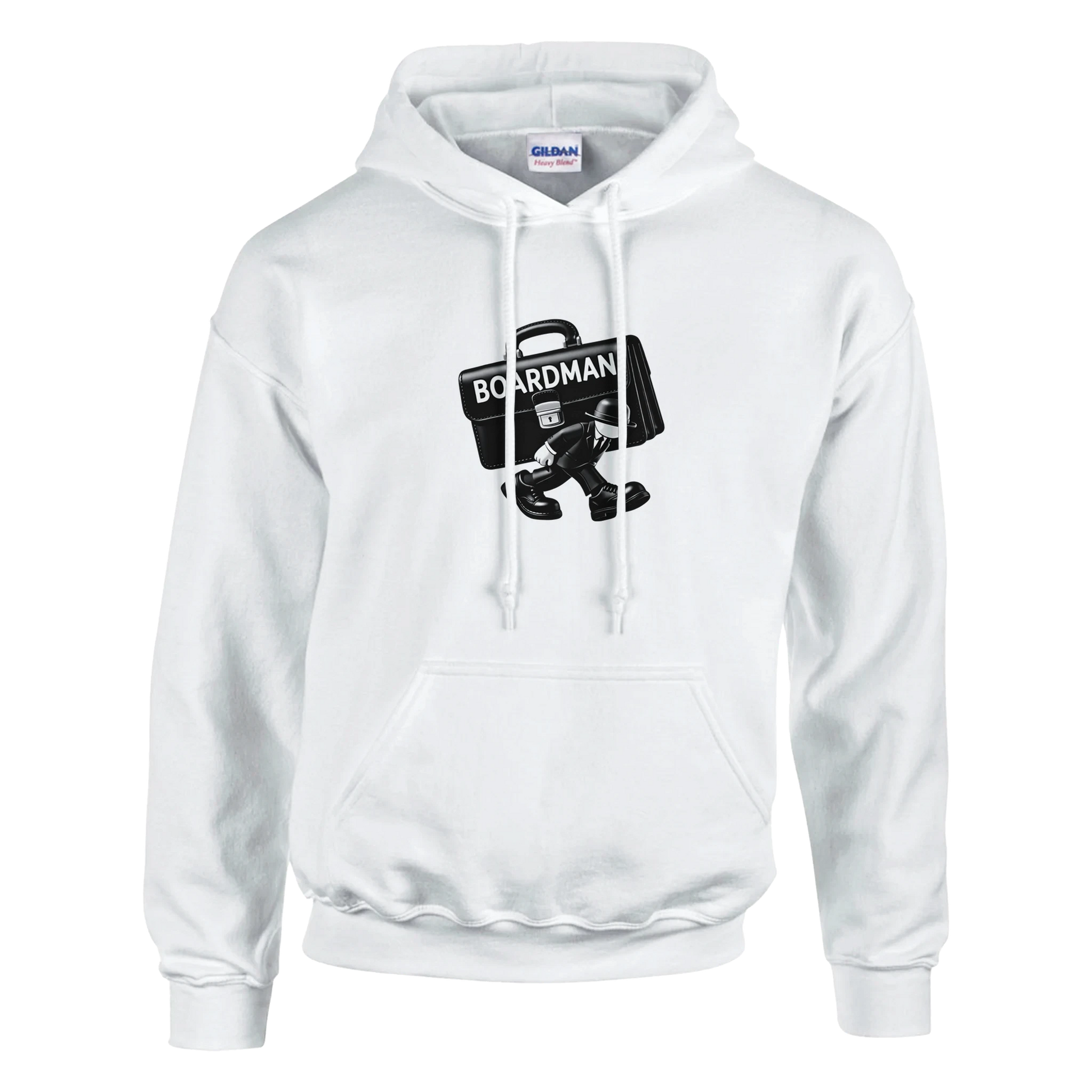 Boardman heavyweight hoodie in white with a graphic design featuring a briefcase and cartoon character.