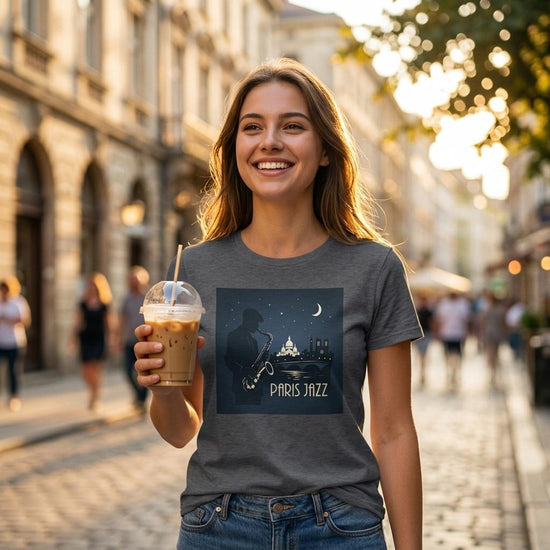 En kvinna bär en Jazz Club Tee med Paris jazzmotiv medan hon njuter av kaffe på en gata i Paris.