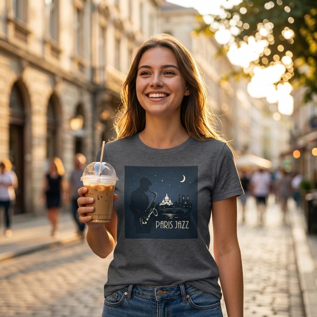 En kvinna bär en Jazz Club Tee med Paris jazzmotiv medan hon njuter av kaffe på en gata i Paris.