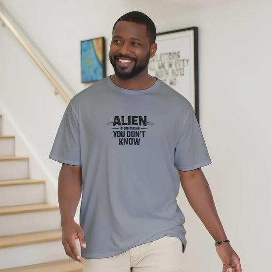 Alien Urban Graphic T-shirt, sport grey color, featuring the text 'ALIEN SOMONE YOU DON'T KNOW', worn by a smiling man.