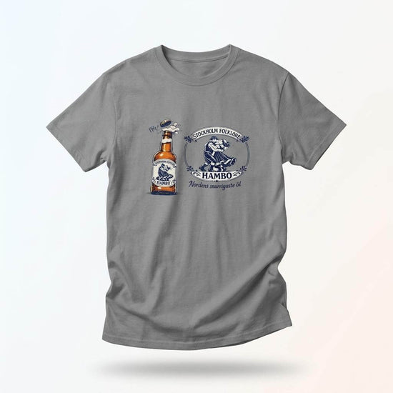 Nordic Folk Art Hambo Folköl humor tee med svensk design och illustration av en ölflaska.