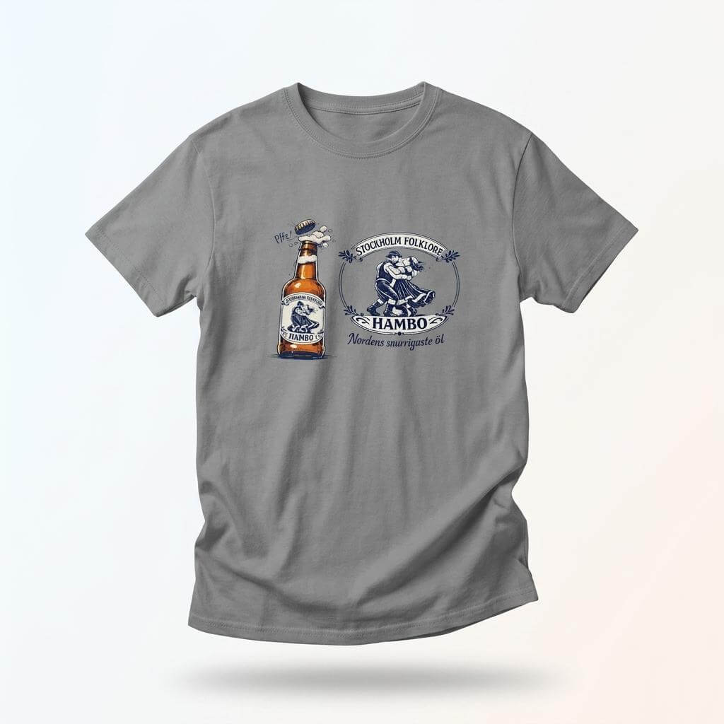 Nordic Folk Art Hambo Folköl humor tee med svensk design och illustration av en ölflaska.