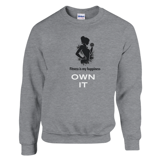 Fitness Sweatshirt med budskapet 'Fitness is my happiness' och stark kvinnlig siluett.