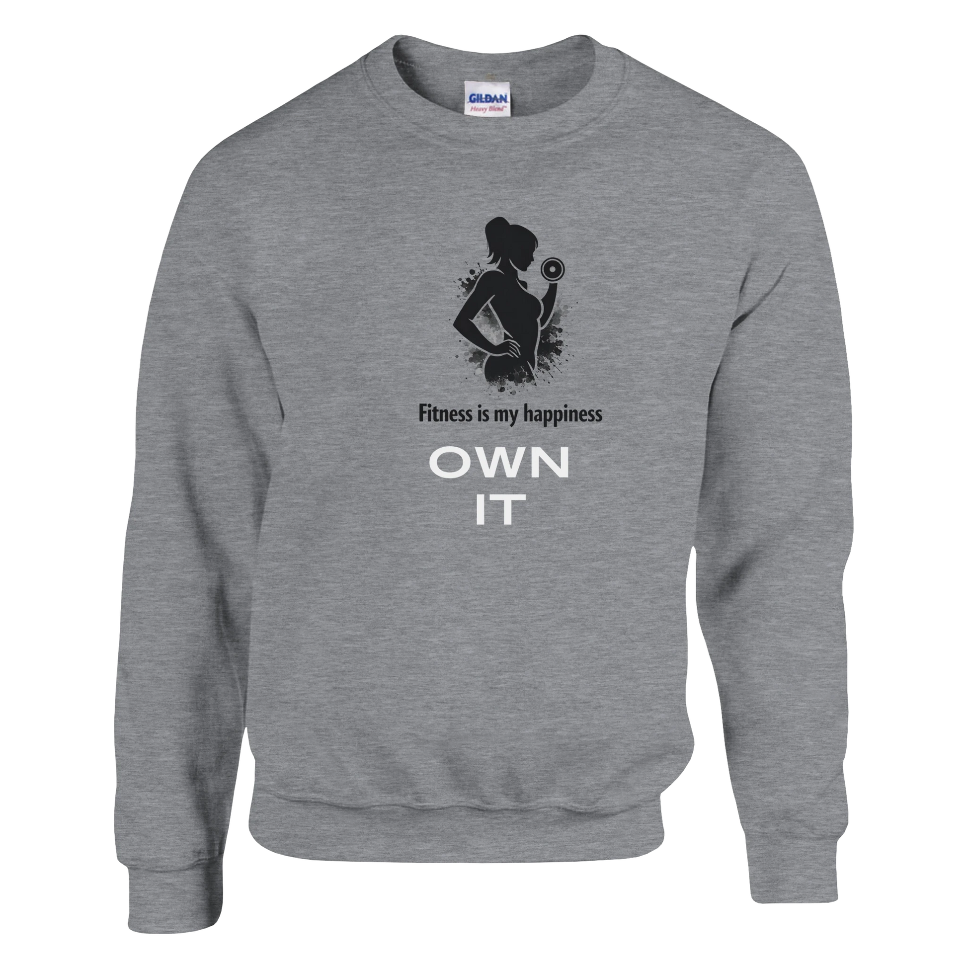 Fitness Sweatshirt med budskapet 'Fitness is my happiness' och stark kvinnlig siluett.