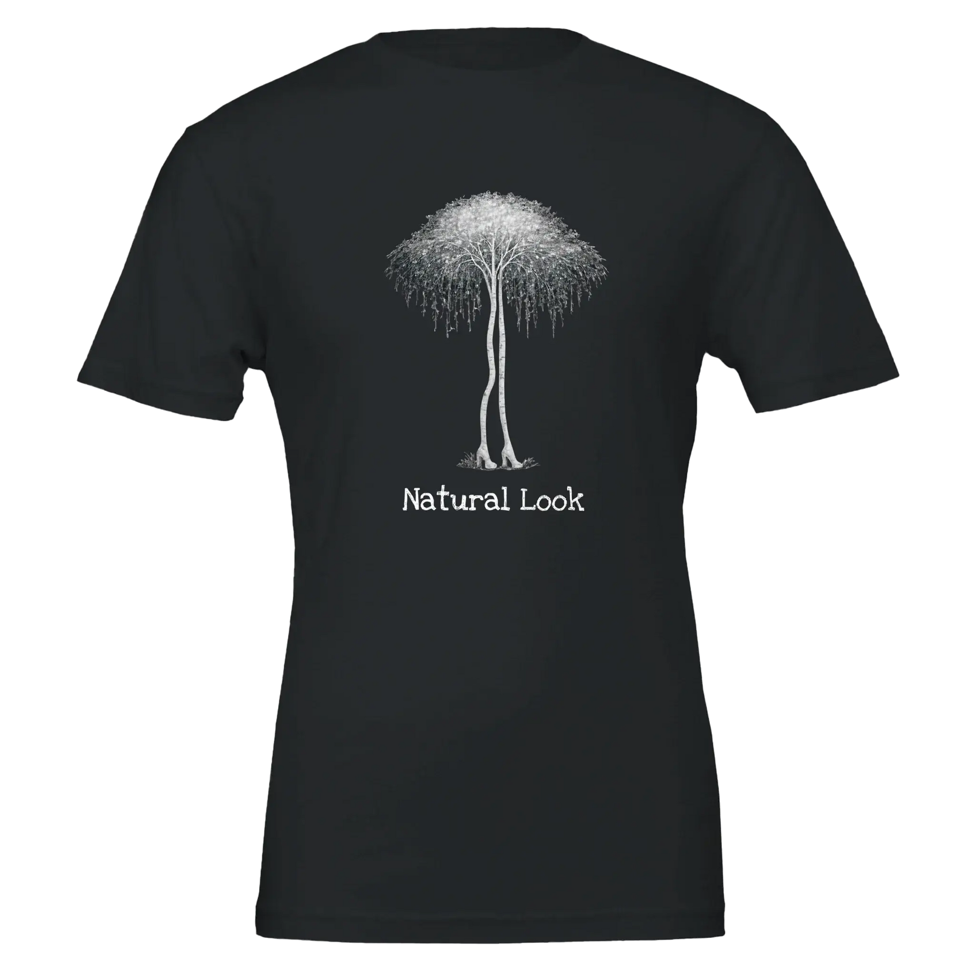Birch Trees in Heels T-shirt med motiv av björkar och texten Natural Look, svart färg.