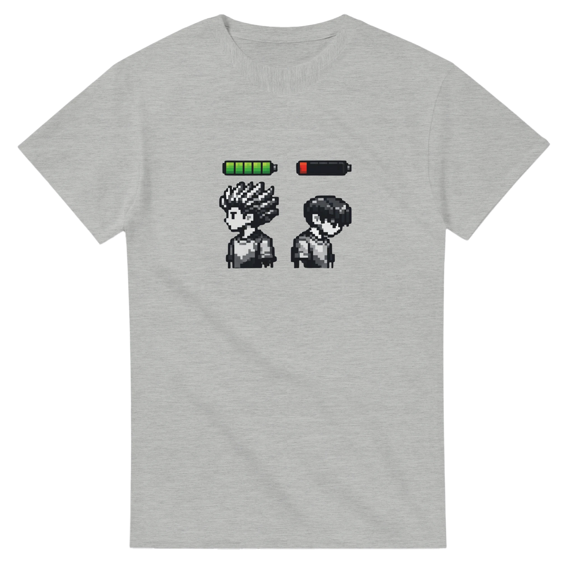 Energi Nivå Tee – Pixel Battery med grafik av energibatterier i grå t-shirt.