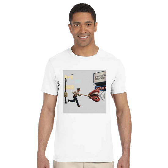 Leashed Voice – The Runaway Microphone Tee, man wearing a creative T-shirt with vibrant graphic design.