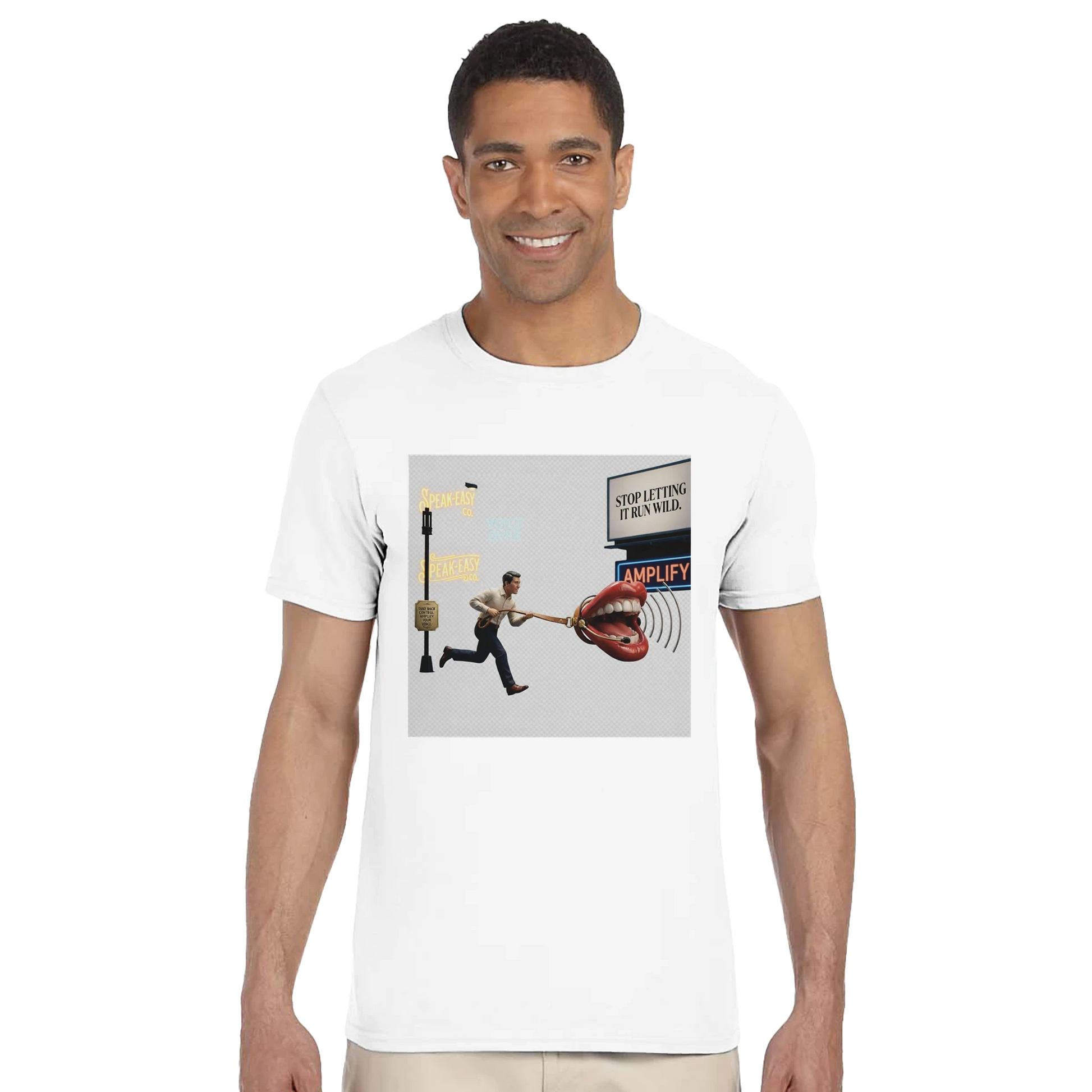 Leashed Voice – The Runaway Microphone Tee, man wearing a creative T-shirt with vibrant graphic design.