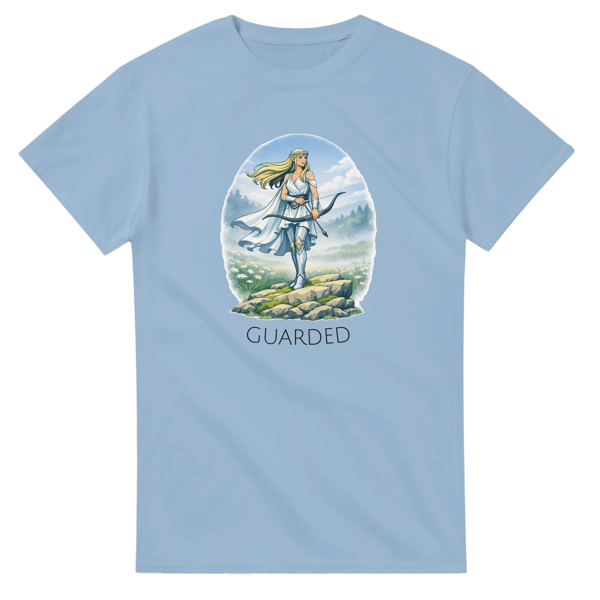 Fantasy T-Shirt med Elf Guardian Illustration, designad för unga vuxna med bow & arrow-theme.