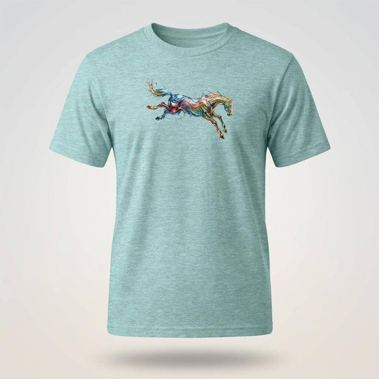 Färgglad Flödande Häst T-Shirt – Premium Artistic Unisex Tee med levande hästmotiv.