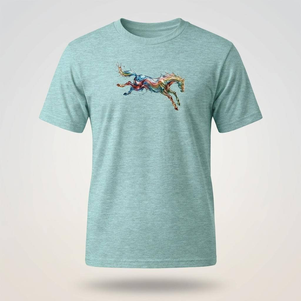 Färgglad Flödande Häst T-Shirt – Premium Artistic Unisex Tee med levande hästmotiv.