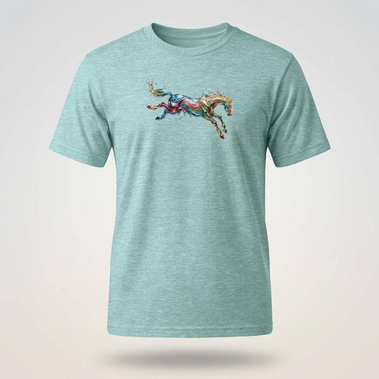 Färgglad Flödande Häst T-Shirt – Premium Artistic Unisex Tee med levande hästmotiv.