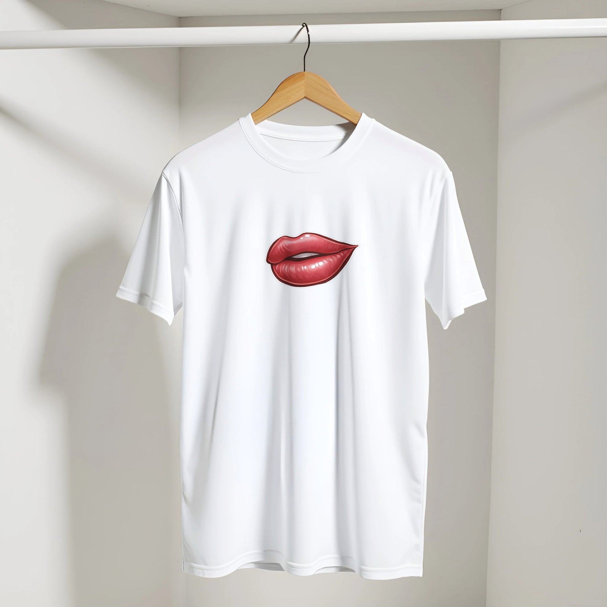 Flirtten t-shirt med röda läppar – lekfullt kärleksmotiv för dig som vill sticka ut