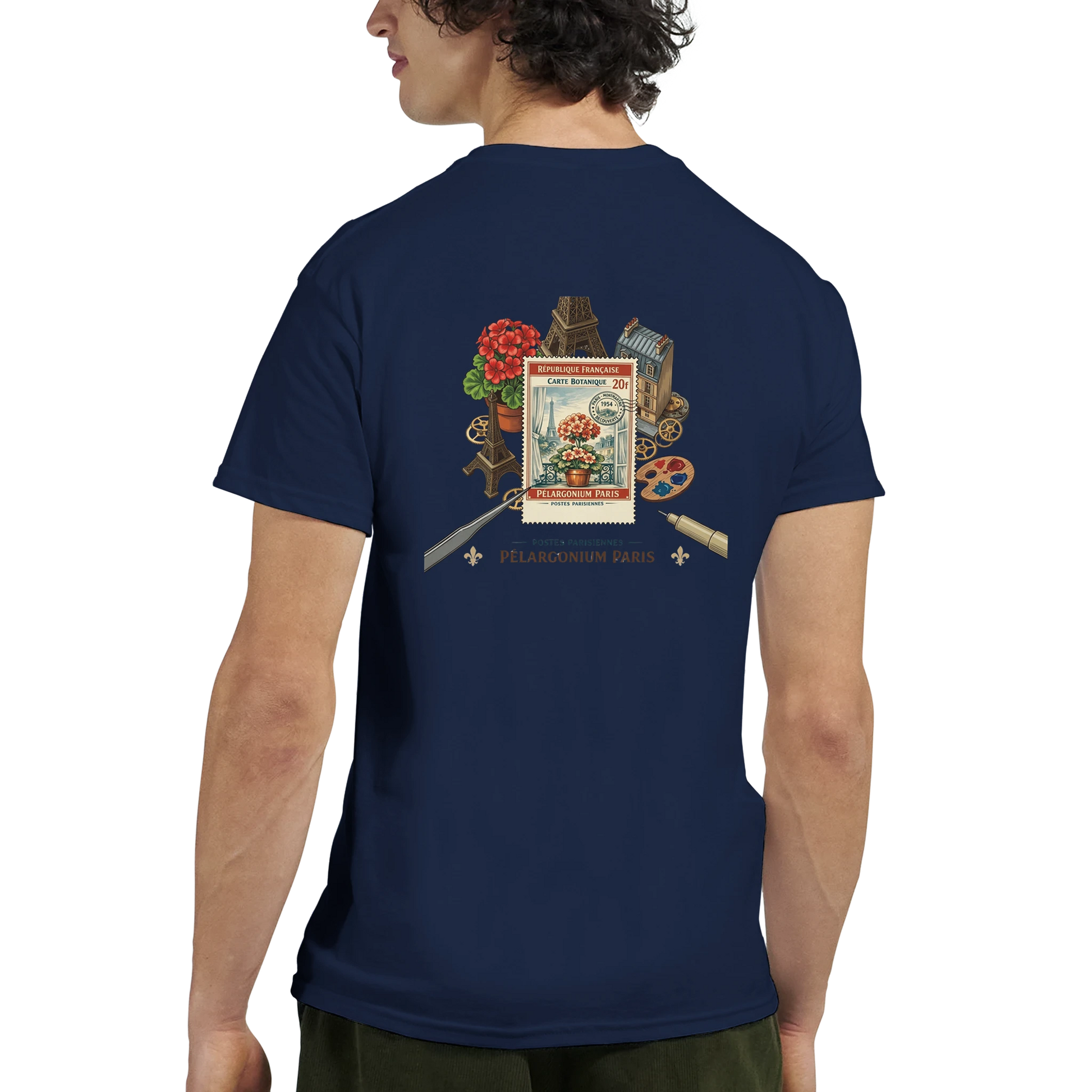 Paris 50s T-Shirt med vintage floral illustration och botaniska detaljer i mörkblått.