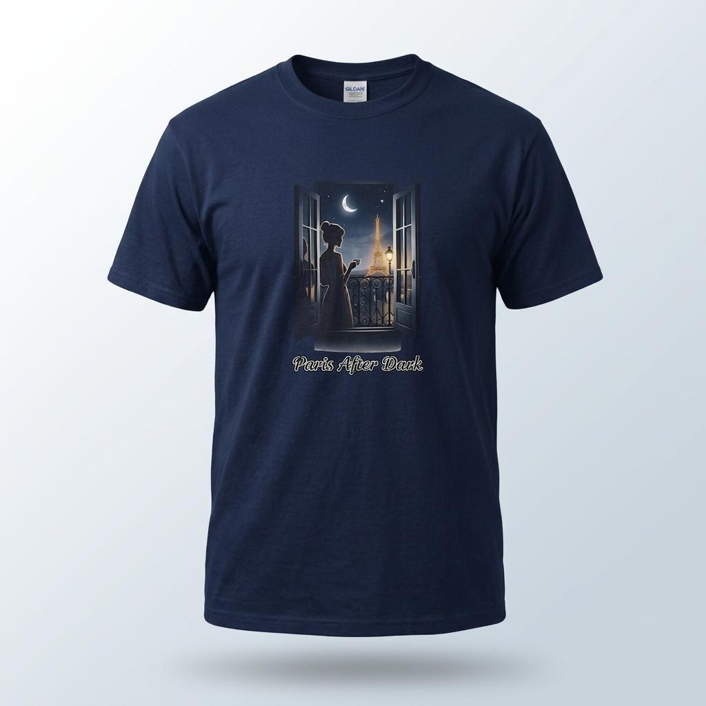 Eiffeltorn T-Shirt för Dam med Paris motiv i nattljus och siluett av kvinna vid öppna dörrar.