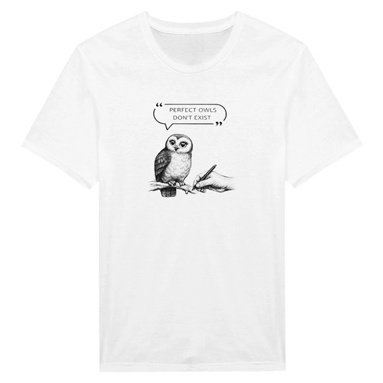 Owl t-shirt with a hand-drawn illustration and text "PERFECT OWLS DON'T EXIST" in a stylish design.