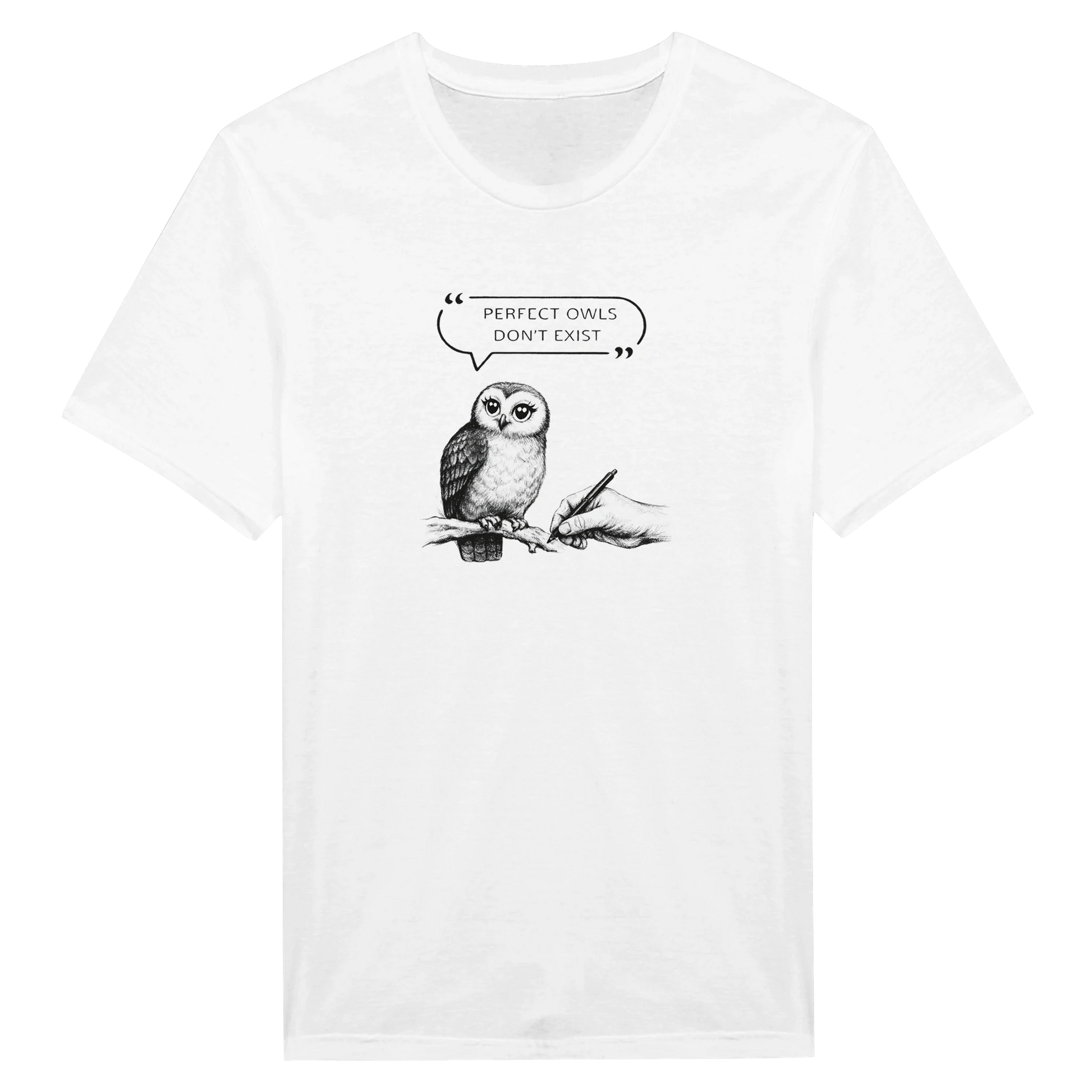 Owl t-shirt with a hand-drawn illustration and text "PERFECT OWLS DON'T EXIST" in a stylish design.