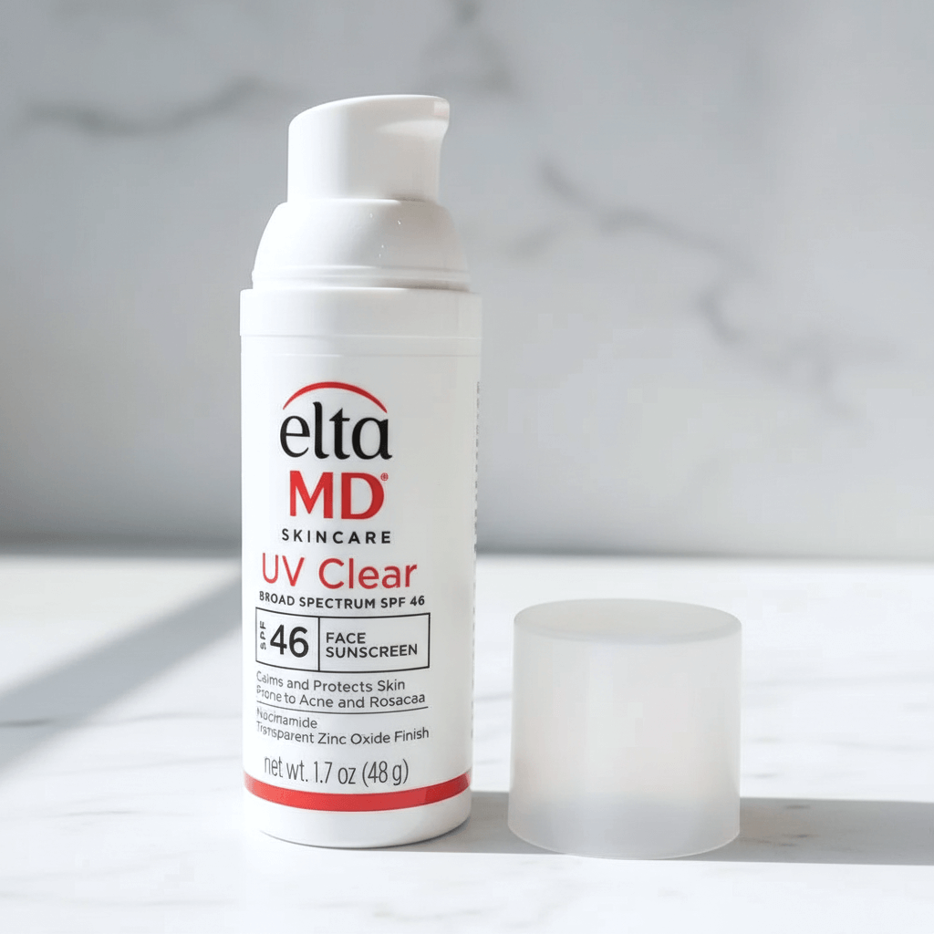 EltaMD UV Clear Broad Spectrum SPF 46 sunscreen bottle on a marble background, designed for sensitive skin.