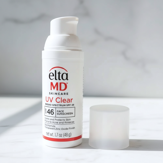 EltaMD UV Clear Broad Spectrum SPF 46 sunscreen bottle on a marble background, designed for sensitive skin.