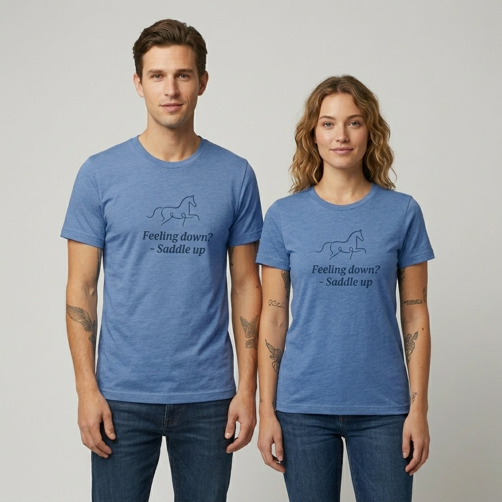 Minimalist Ryttar Tee unisex t-shirts showing the positive message 'Feeling down? Saddle up' in blue fabric.