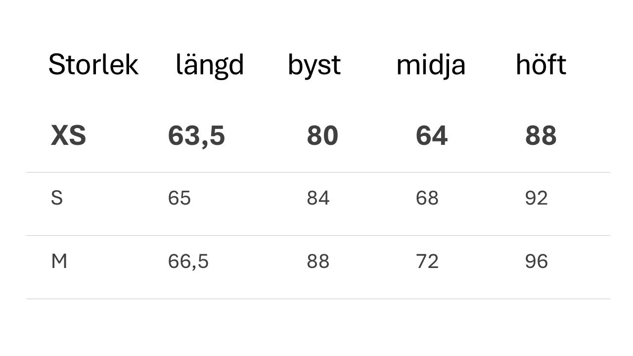 Storleksguide för kort vit klänning med mått för XS, S och M i längd, byst, midja och höft.