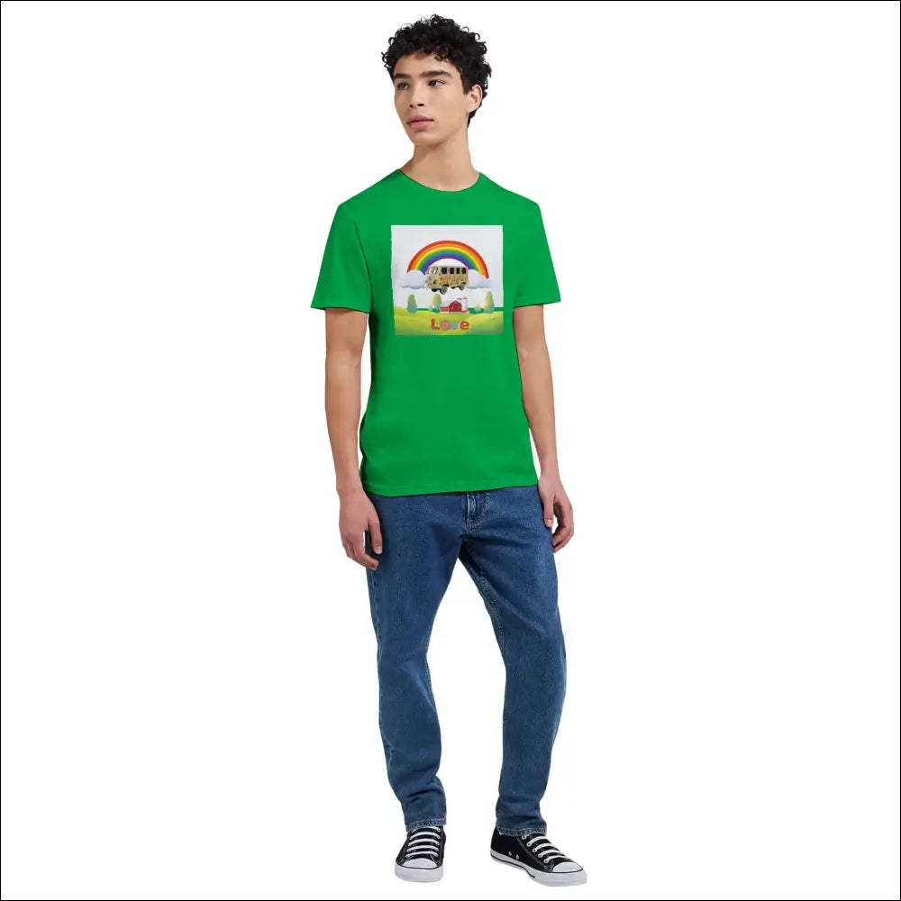 Man wearing a green T-shirt with flower power design featuring a camper van under a rainbow.